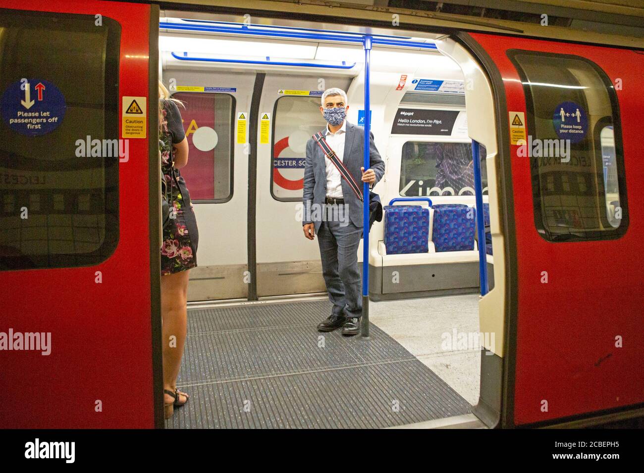 The Mayor of London, Sadiq Khan walks to Leicester Square Tube Station while wearing a mask and catches a TFL tube Train, in central London 13-08-2020 Stock Photo