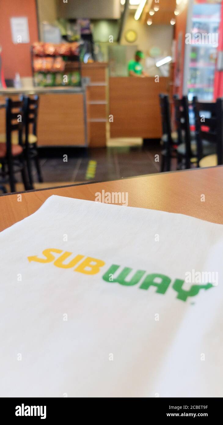 Subway Restauraut. Subway is an american fastfood restaurant franchise that sells sandwiches and salads Stock Photo