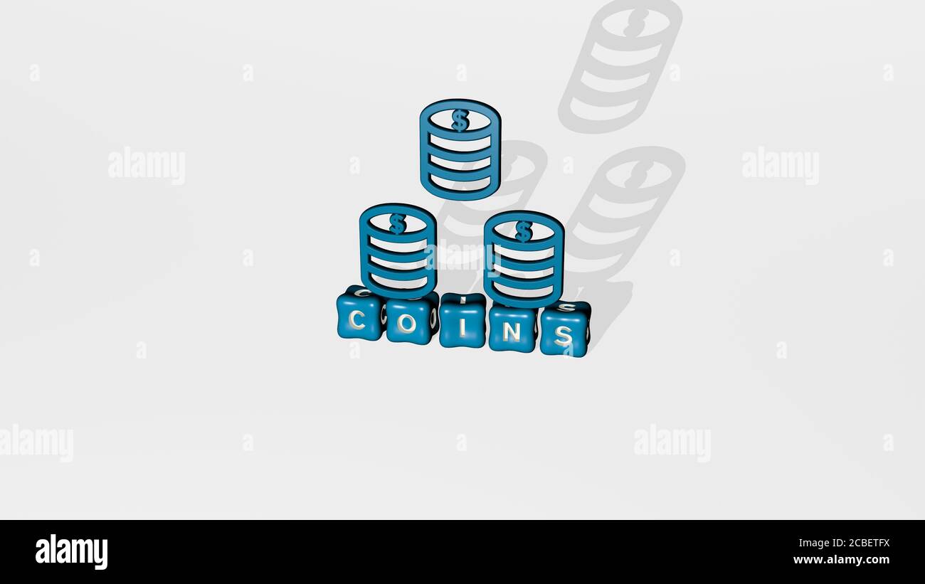 coins 3D icon object on text of cubic letters - 3D illustration for ...