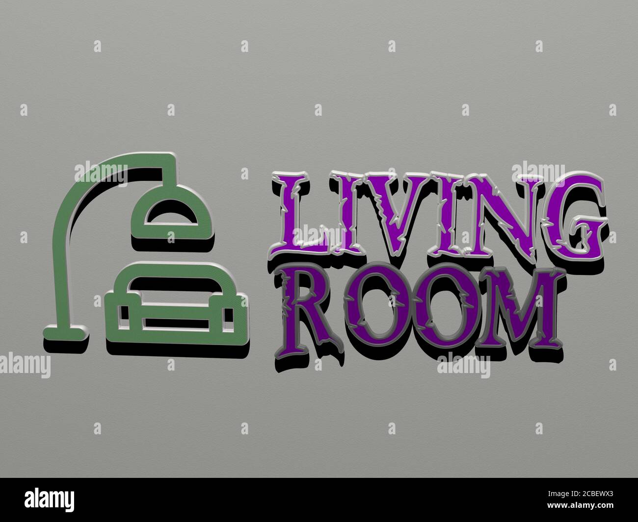 living room icon and text on the wall - 3D illustration for interior ...