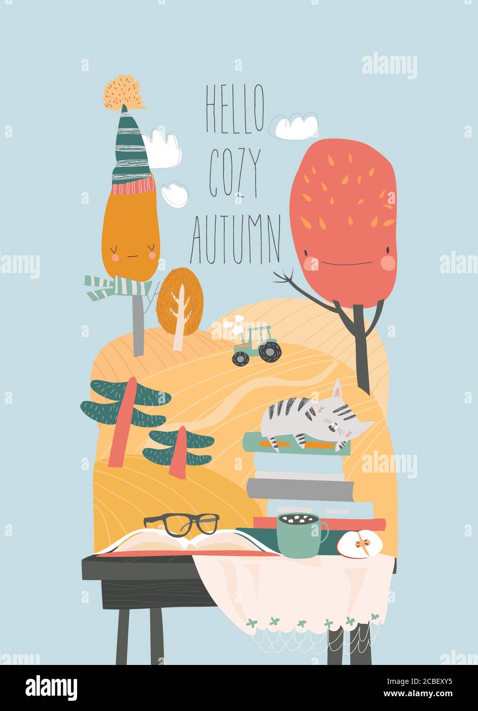 Cute cartoon cat sleeping on stack of book Stock Vector