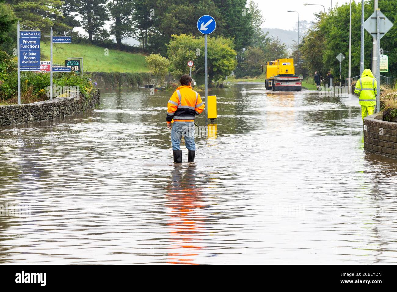Flooded Road caused by torrential rain, Rosscarbery, West Cork, Ireland Stock Photo