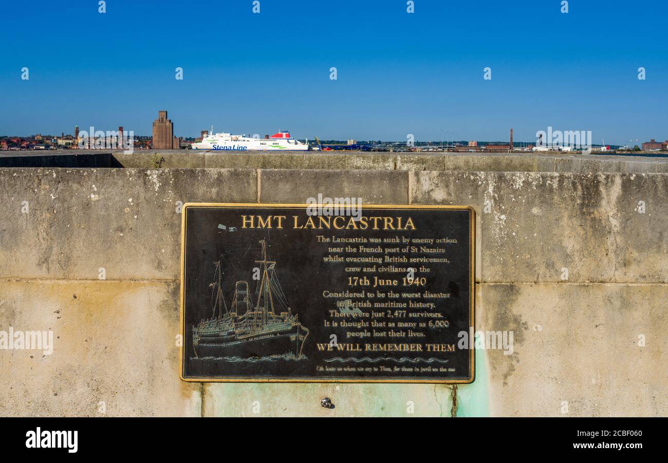 HMT Lancastria memorial plaque on the Liverpool Waterfront at Pier Head. Sunk 1940, considered to be the worst disaster in British maritime history. Stock Photo
