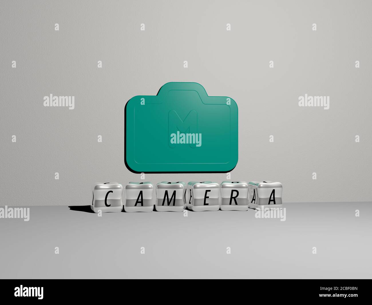 CAMERA 3D icon on the wall and cubic letters on the floor - 3D ...