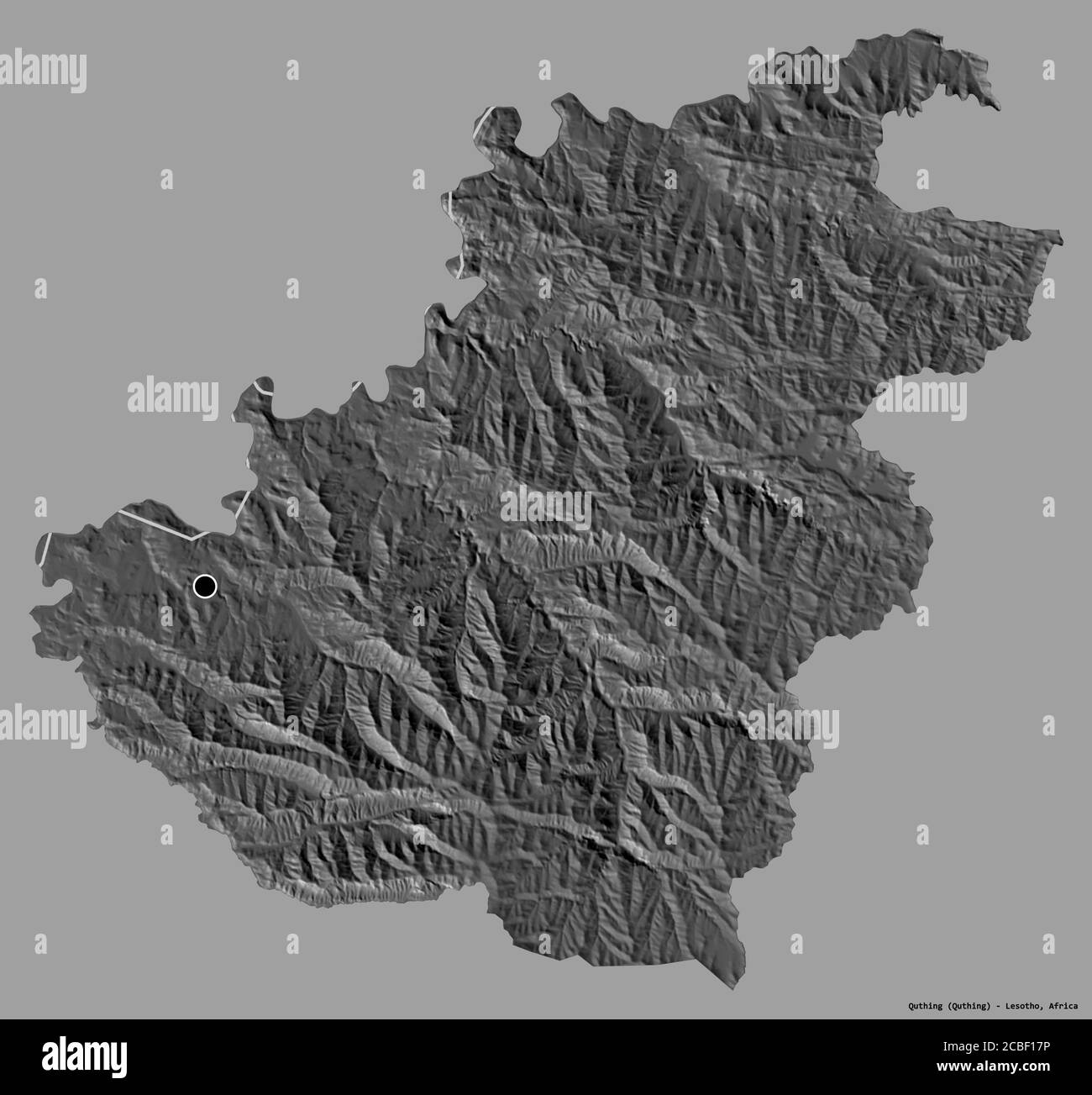 Shape of Quthing, district of Lesotho, with its capital isolated on a solid color background. Bilevel elevation map. 3D rendering Stock Photo