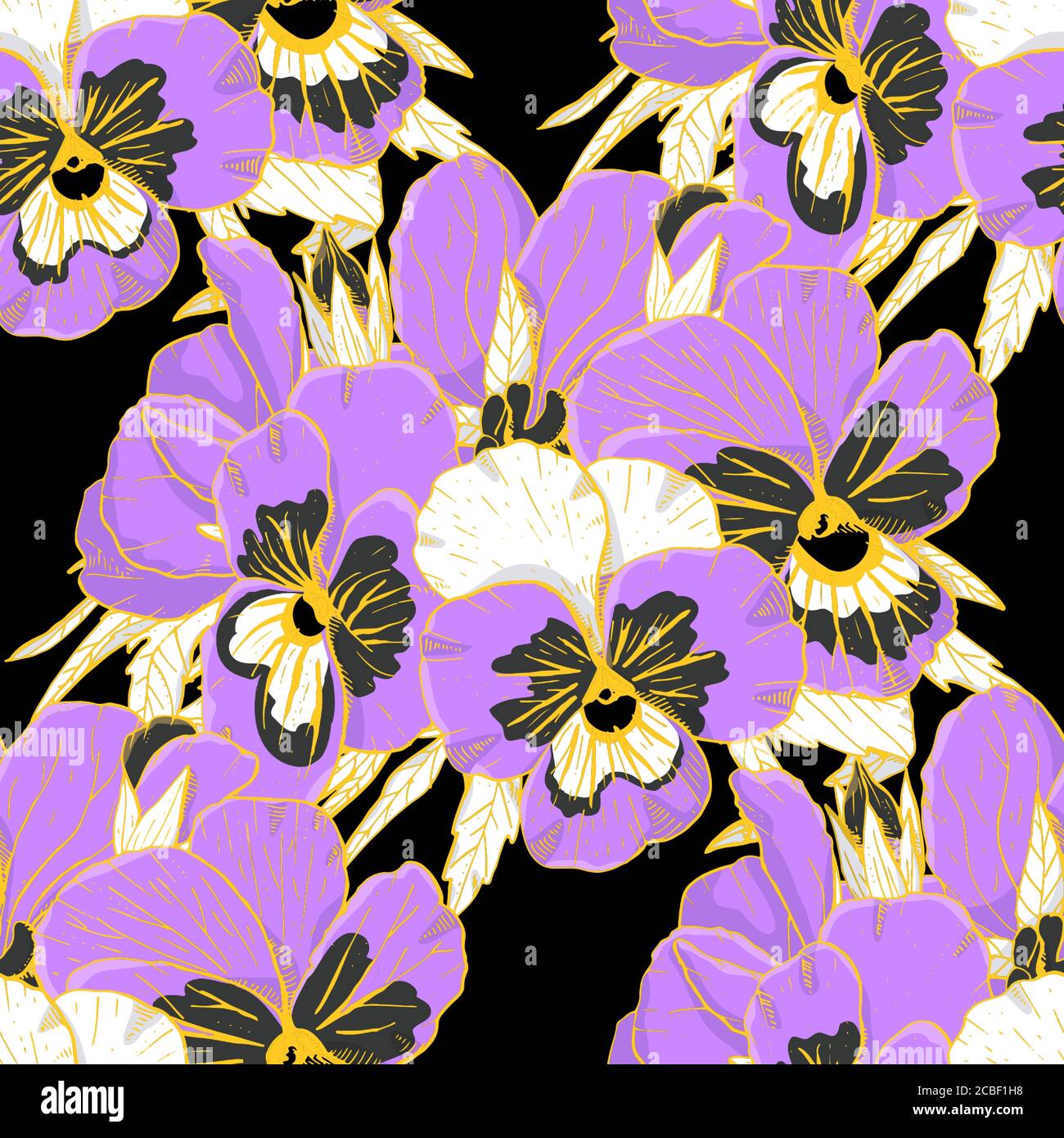 Colorful floral seamless pattern with hand drawn pansy flowers on black ...