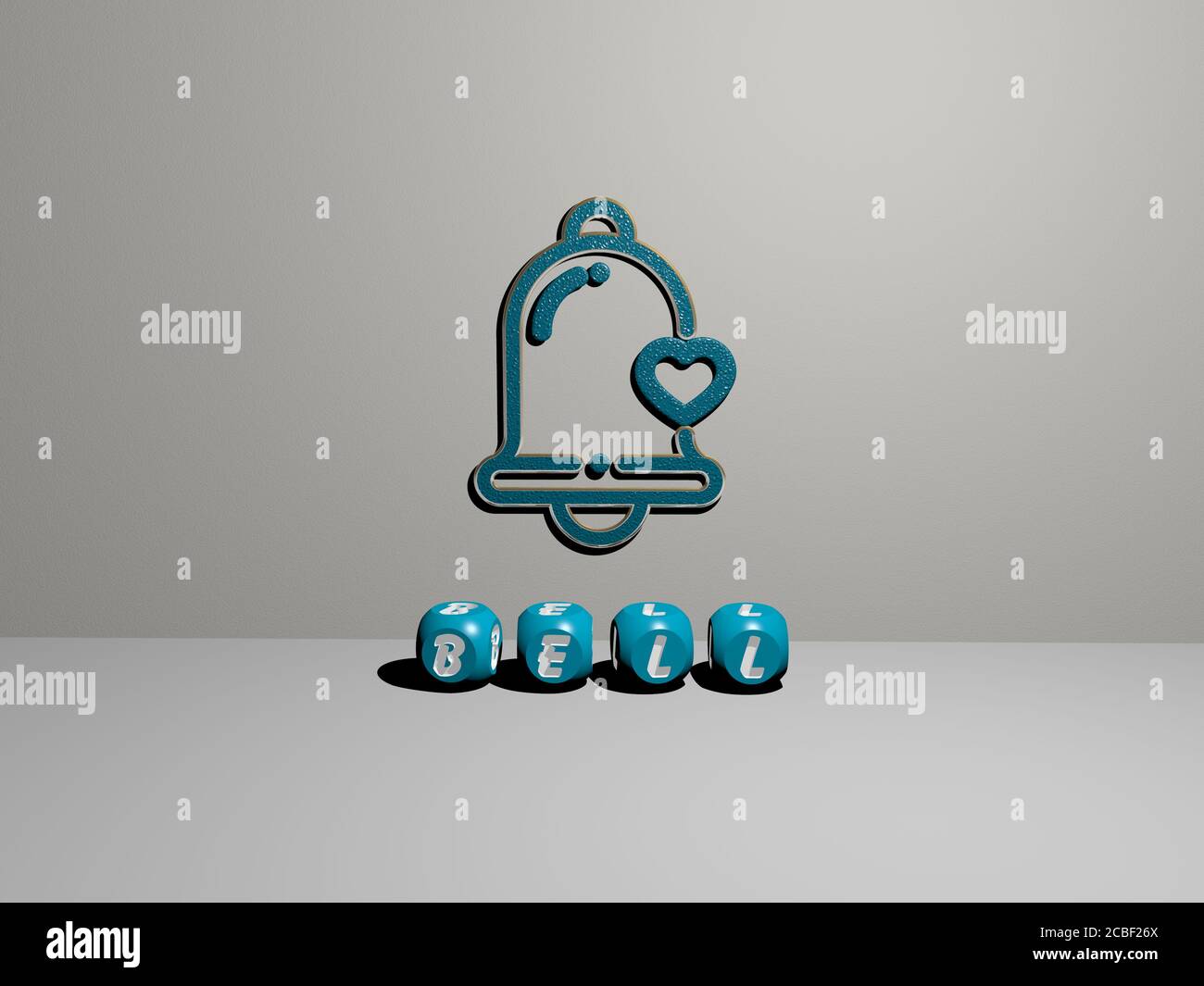 3D illustration of BELL graphics and text made by metallic dice letters ...