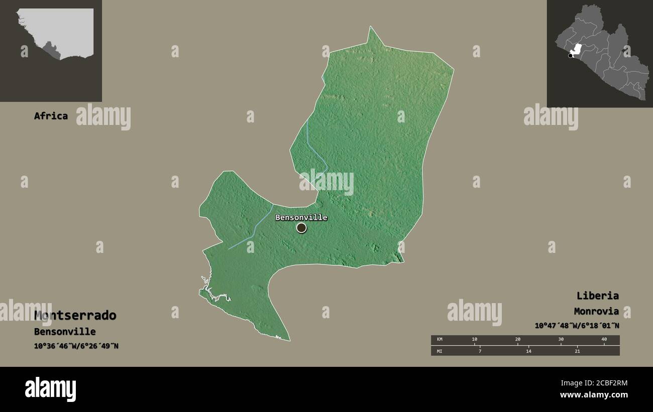 Map Of Montserrado County Liberia Shape Of Montserrado, County Of Liberia, And Its Capital. Distance Scale,  Previews And Labels. Topographic Relief Map. 3D Rendering Stock Photo -  Alamy