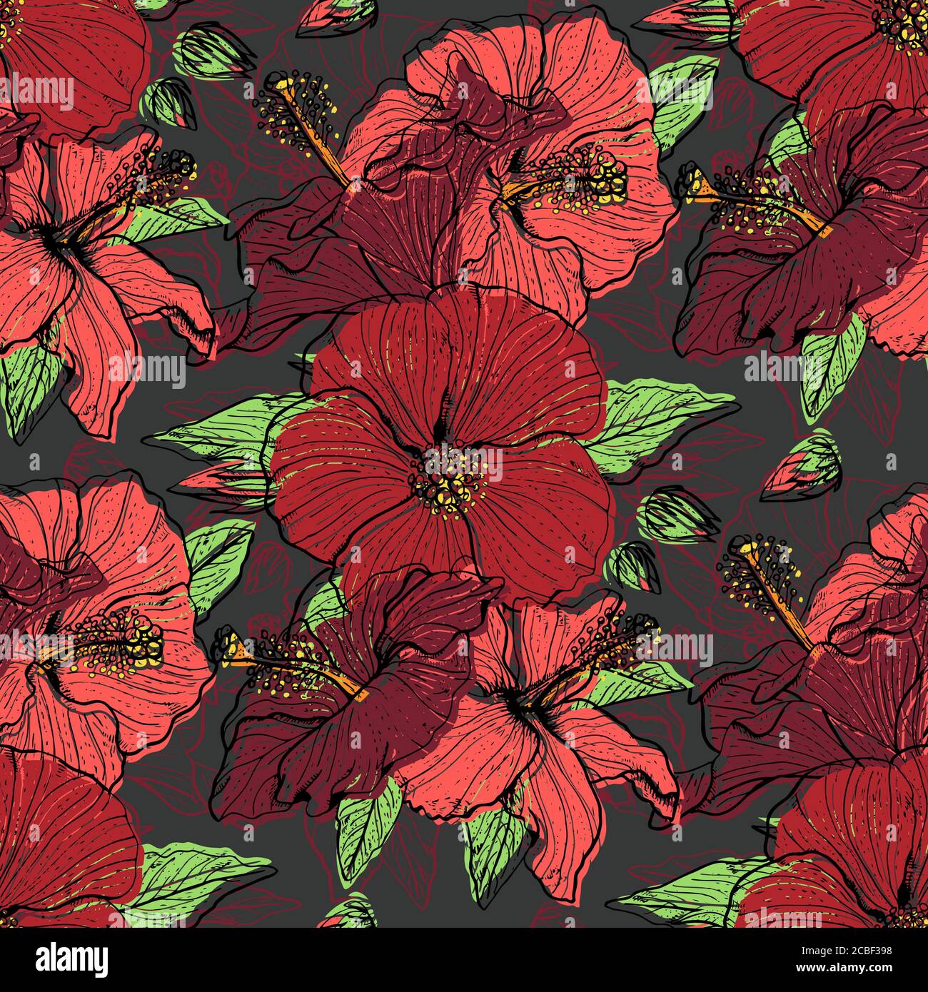 Colorful floral seamless pattern with hand drawn hibiscus flowers on ...