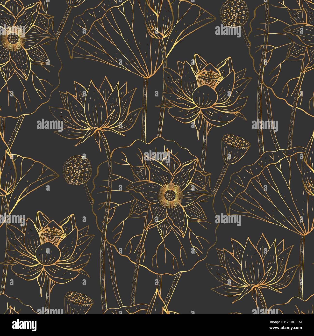 Golden floral seamless pattern with hand drawn lotus flowers and leaves on black background. Stock vector Stock Vector