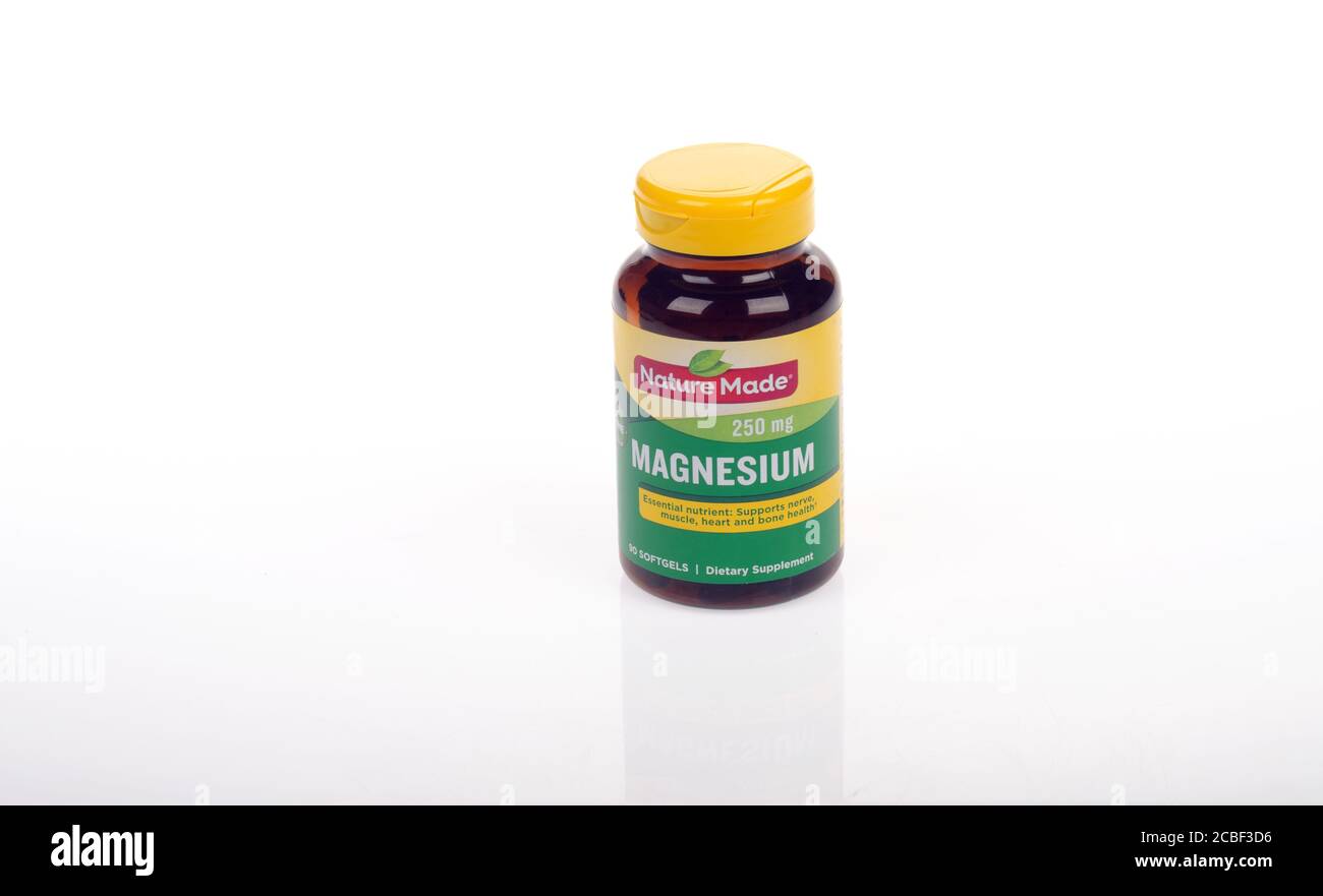Magnesium 250 mg supplement bottle by Nature Made Stock Photo