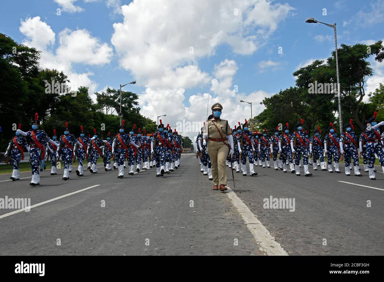 Kolkata, India. 13th Aug, 2020. The participant of women RAF march past during final rehearsal of 15th August, 2020 programme. (Photo by Suraranjan Nandi/Pacific Press) Credit: Pacific Press Media Production Corp./Alamy Live News Stock Photo