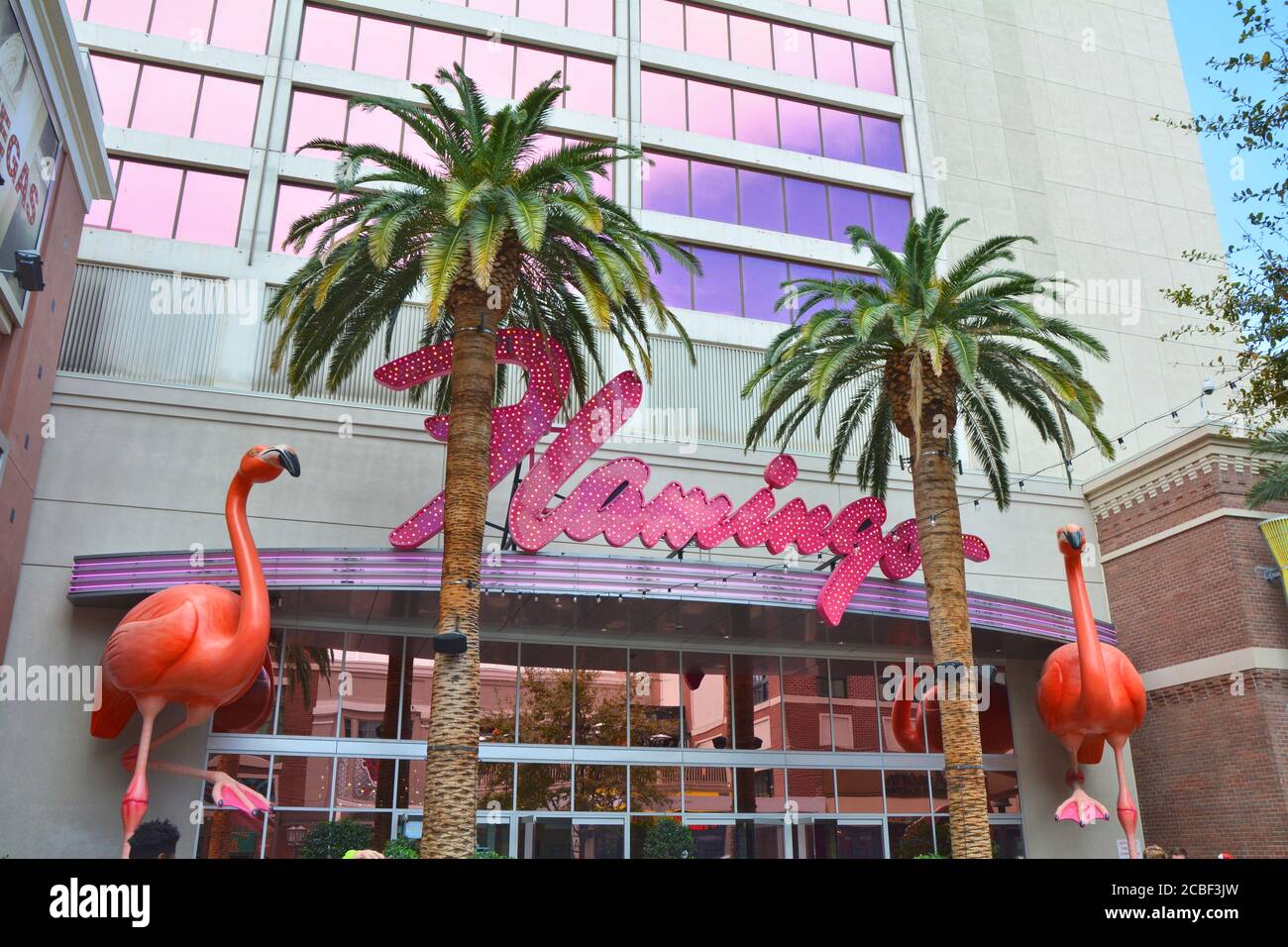 LAS VEGAS, USA - MARCH 21, 2018 : Entrance to the Flamingo Hotel and Casino on Las Vegas Boulevard - The Strip. Linq street side. Stock Photo