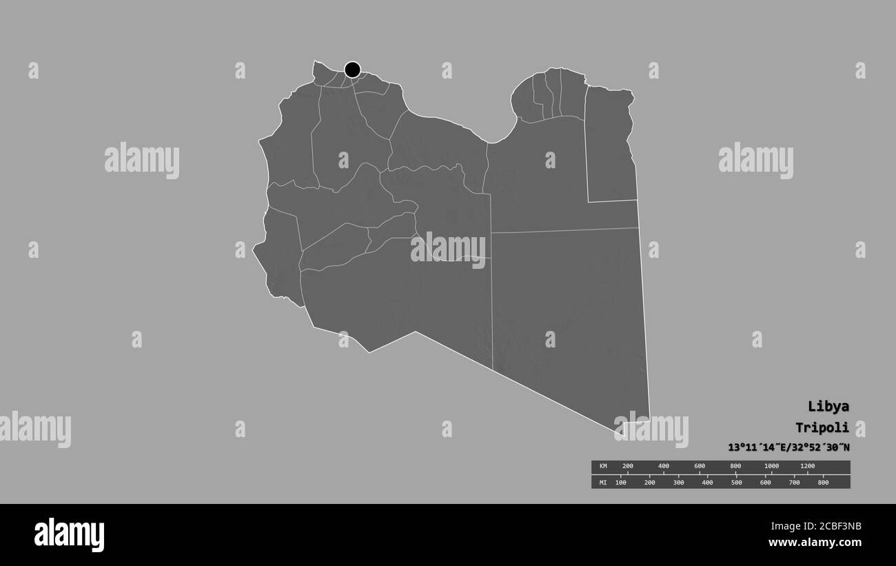 Desaturated shape of Libya with its capital, main regional division and ...