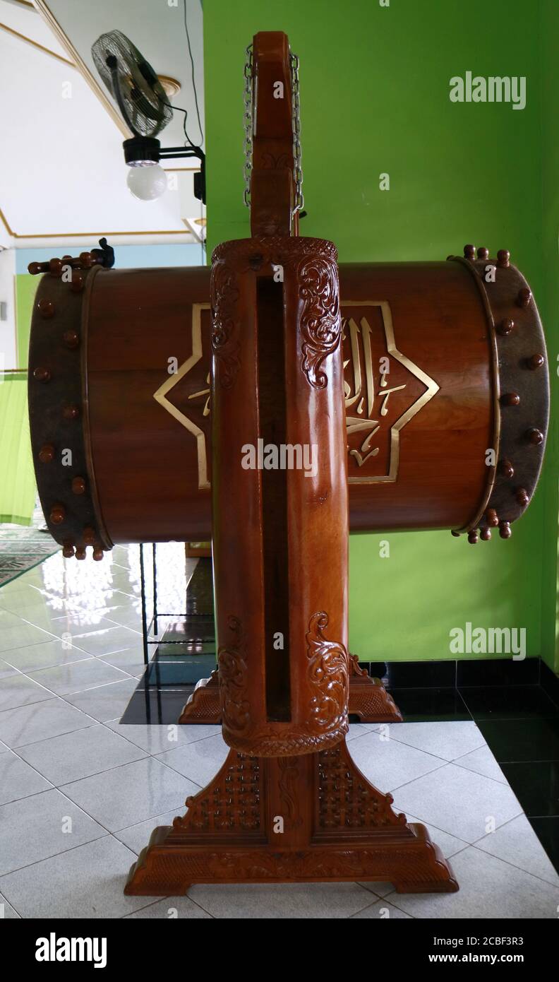 Depok, Indonesia - May 5, 2019: Kentongan (traditional wooden drums) at Al Ikhlas Mosque in Kalimulya Village, Cilodong District. Stock Photo
