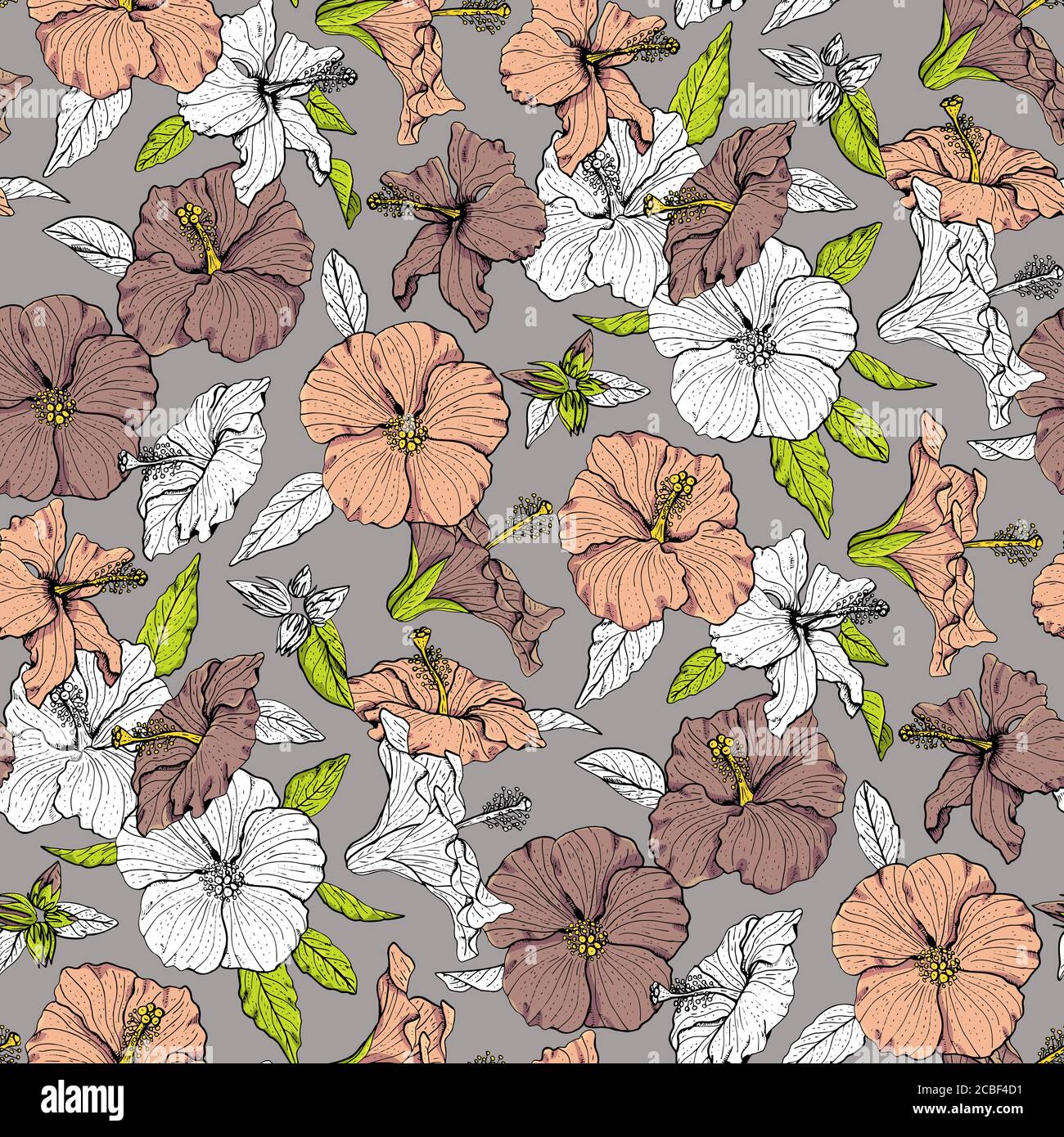 Colorful floral seamless pattern with hand drawn hibiscus flowers on ...