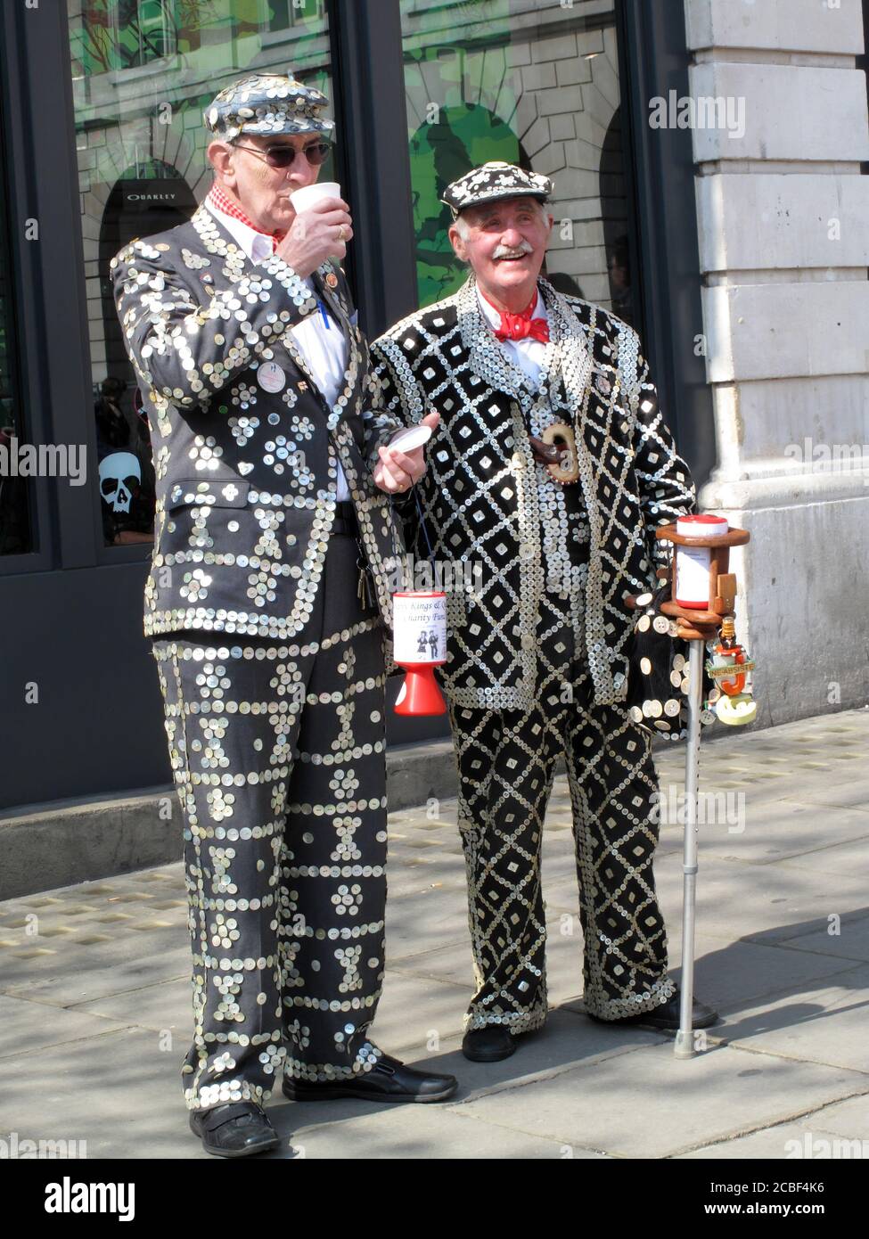 London, United Kingdom, Apr 19, 2009 : Pearly Kings known as Perlies in there sequin clothes collecting for charity in Covent garden and are a popular Stock Photo