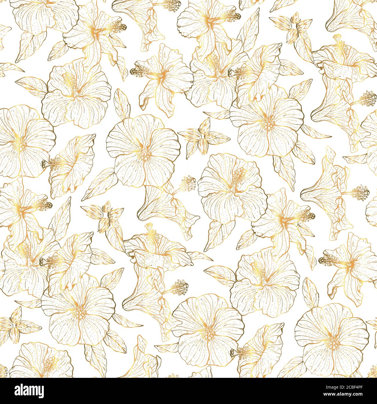 Golden floral seamless pattern with hand drawn hibiscus flowers on ...