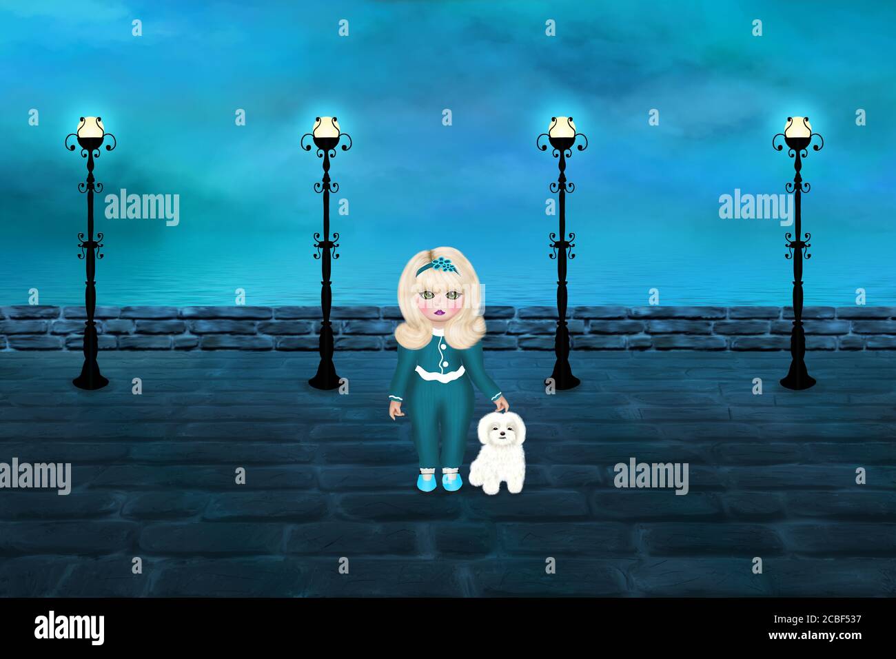 Blonde girl with a white dog on the embankment in turquoise colors. Digital artwork. Stock Photo