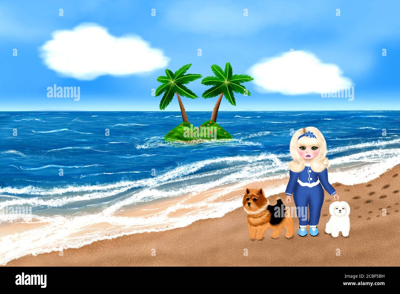A blonde girl with two dogs walks along the beach. Digital artwork. Stock Photo