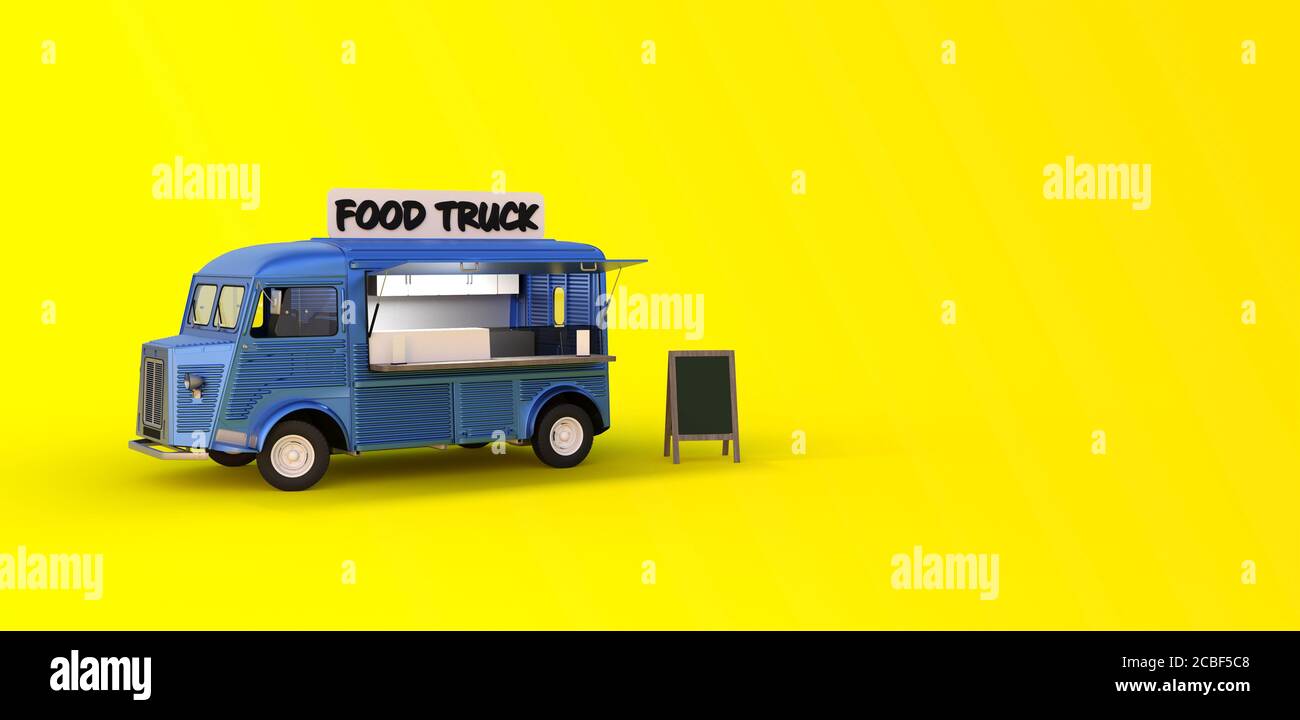 blue food truck on yellow background 3D rendering Stock Photo