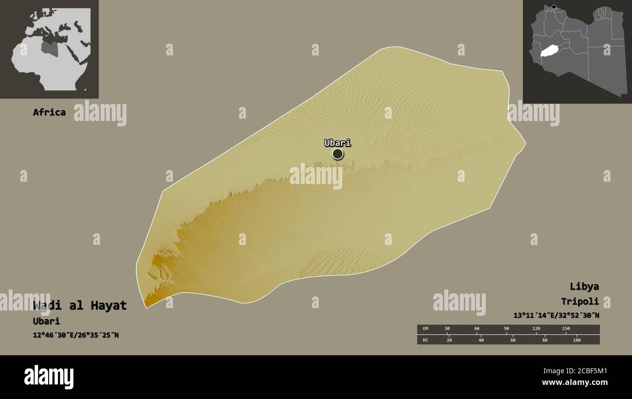 Shape of Wadi al Hayat, district of Libya, and its capital. Distance ...