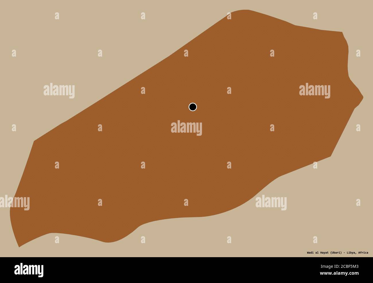 Shape of Wadi al Hayat, district of Libya, with its capital isolated on a solid color background. Composition of patterned textures. 3D rendering Stock Photo