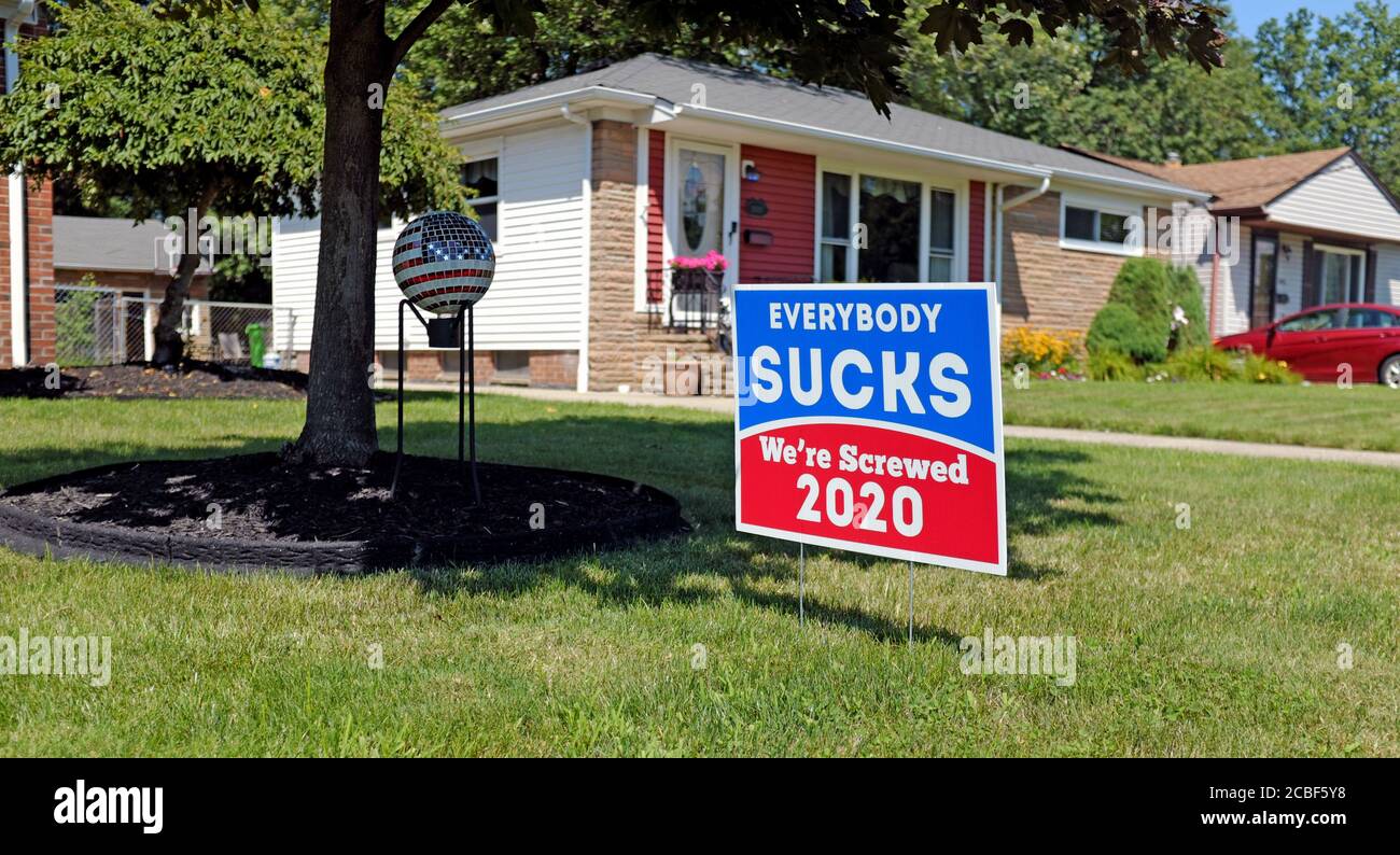 An election year yard sign states 'Everybody Sucks: We're Screwed 2020' showing displeasure with the 2020 US election candidate choices. Stock Photo