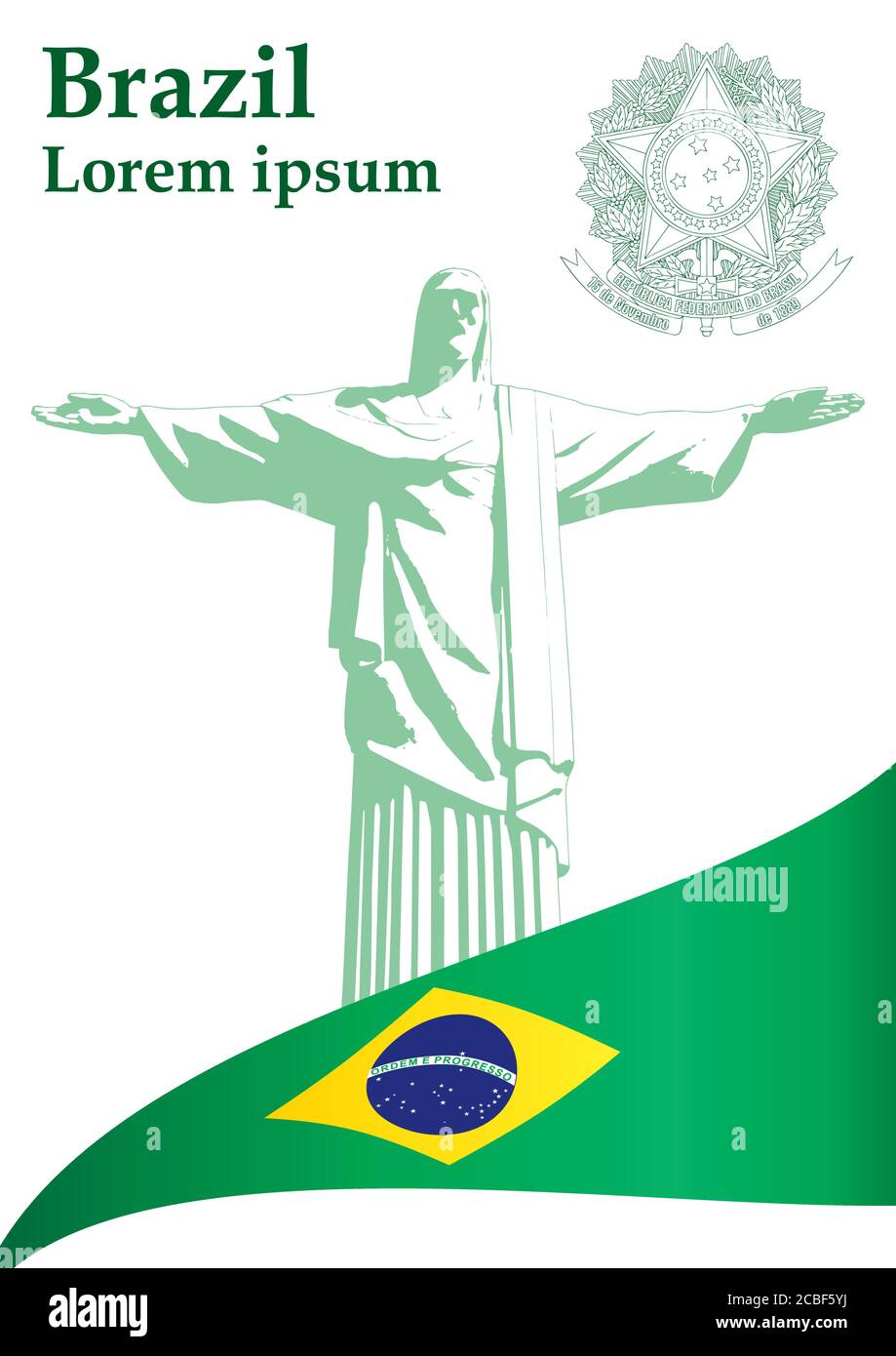 Flag of Brazil, Federative Republic of Brazil. statue of Christ the Redeemer, Rio de Janeiro. Bright, colorful vector illustration Stock Vector