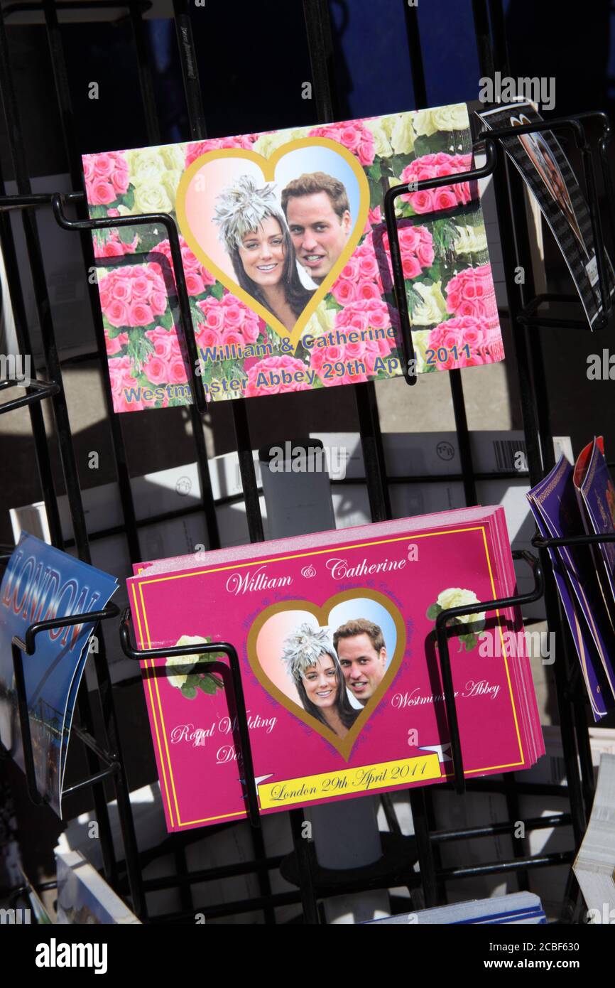 London, United Kingdom, Mar 12, 2011: Royal Wedding postcards for sale on a stand outside a shop at Baker Street Stock Photo