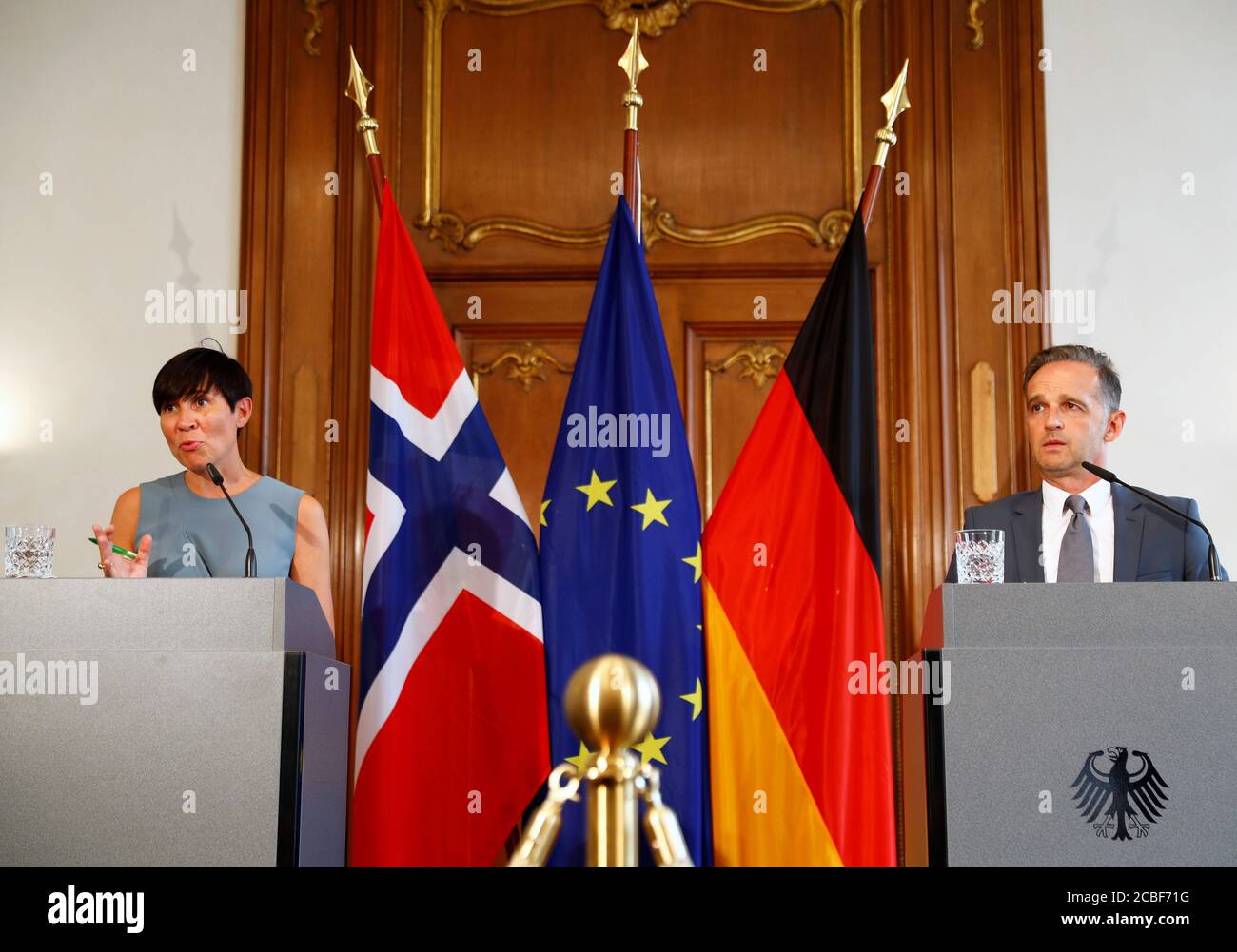 Berlin, Germany. 13th Aug, 2020. Heiko Maas (r), Foreign Minister of Germany, and his Norwegian counterpart Ine Marie Eriksen Soreide hold a joint press conference in connection with the coronavirus pandemic in the guest house of the Foreign Ministry in Villa Borsig. Credit: Fabrizio Bensch/Reuters Pool/dpa/Alamy Live News Stock Photo
