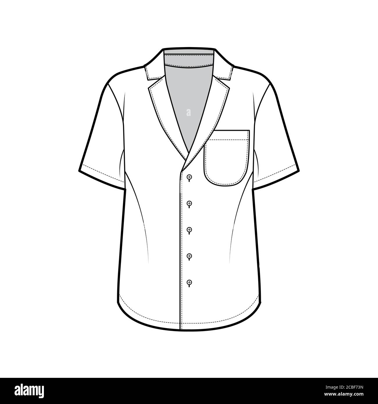 Shirt technical fashion illustration with loose silhouette, pointed notch collar, front button fastenings, rounded pocket, short sleeves. Flat apparel template front white color. Women men unisex top Stock Vector