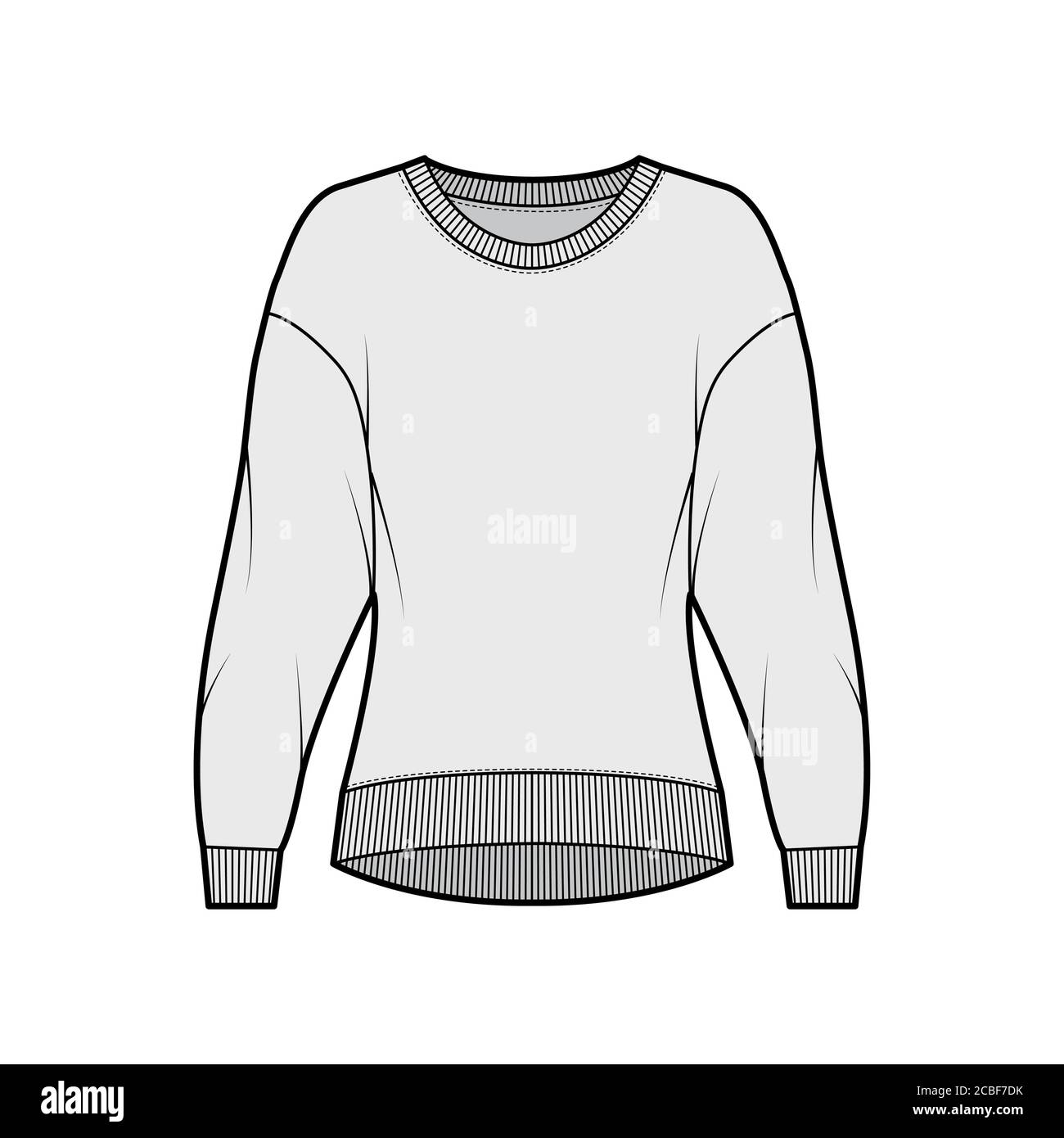 Cotton-terry sweatshirt technical fashion illustration with relaxed fit, crew neckline, long sleeves. Flat outwear jumper apparel template front, grey color. Women, men, unisex top CAD mockup Stock Vector