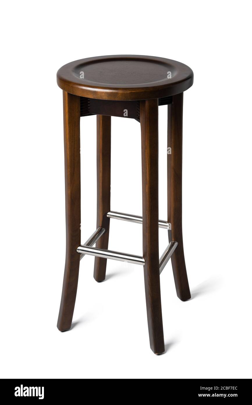 High wooden bar stool isolated on white Stock Photo Alamy