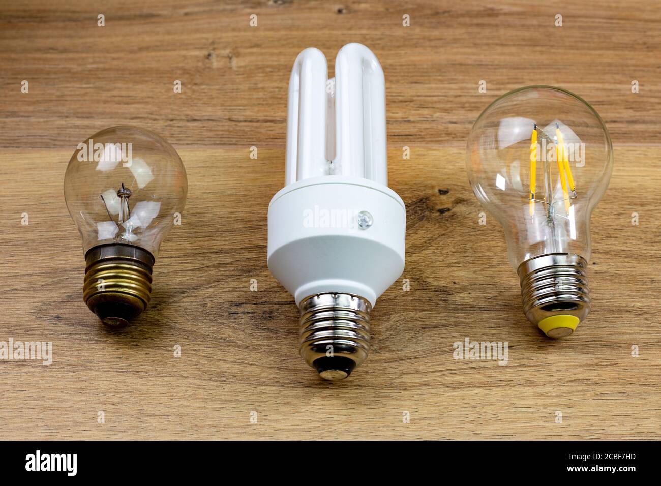 three generations of light bulbs, incandescent early twentieth century, compact fluorescent late twentieth century and led bulb early twenty first cen Stock Photo