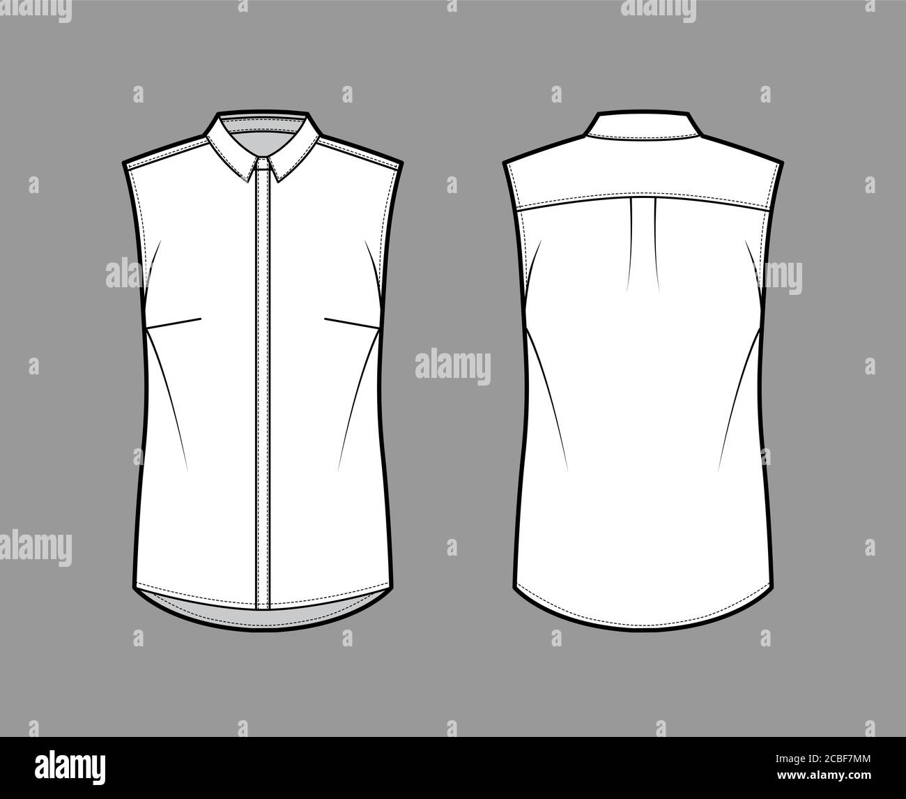 Shirt technical fashion illustration with neat, slim collar, front concealed button fastenings, slightly loose silhouette. Flat apparel template front, back, white color. Women, men unisex top mockup Stock Vector