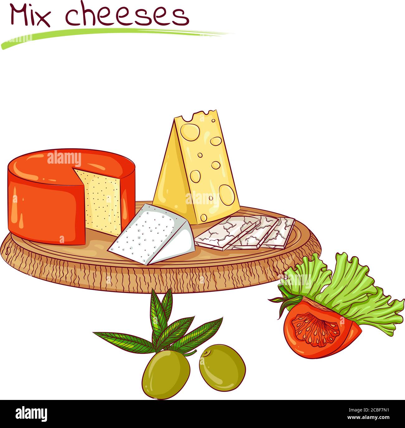 Vector illustration of mix cheeses isolated on white background. Food Icon. Design for cookbook, restaurant business. Series of food, drinks and ingredients for cooking. Stock Vector