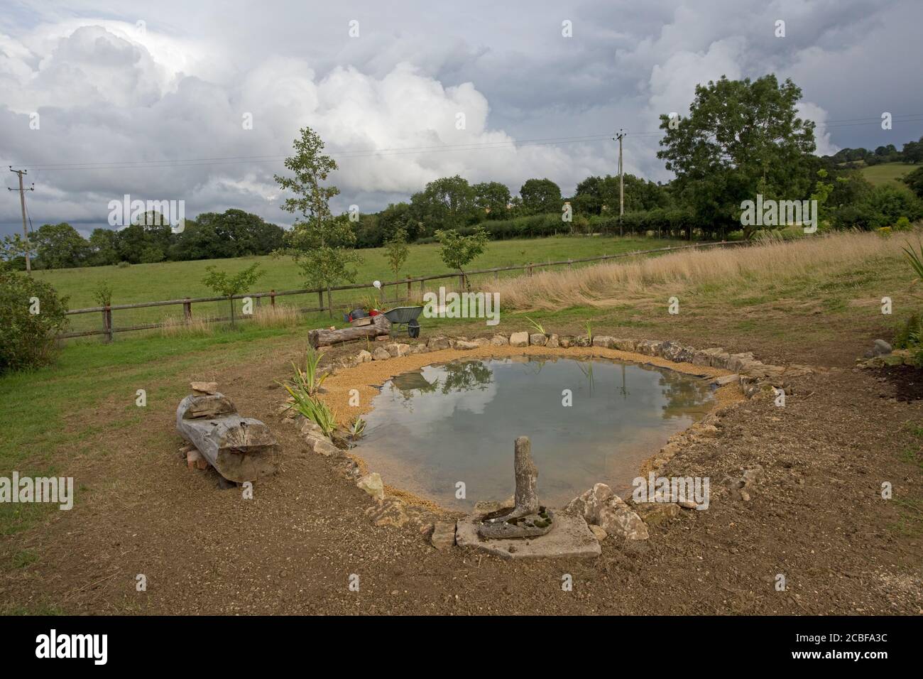 Recently constructed large garden pond with butyl liner, Cotswolds, UK Stock Photo