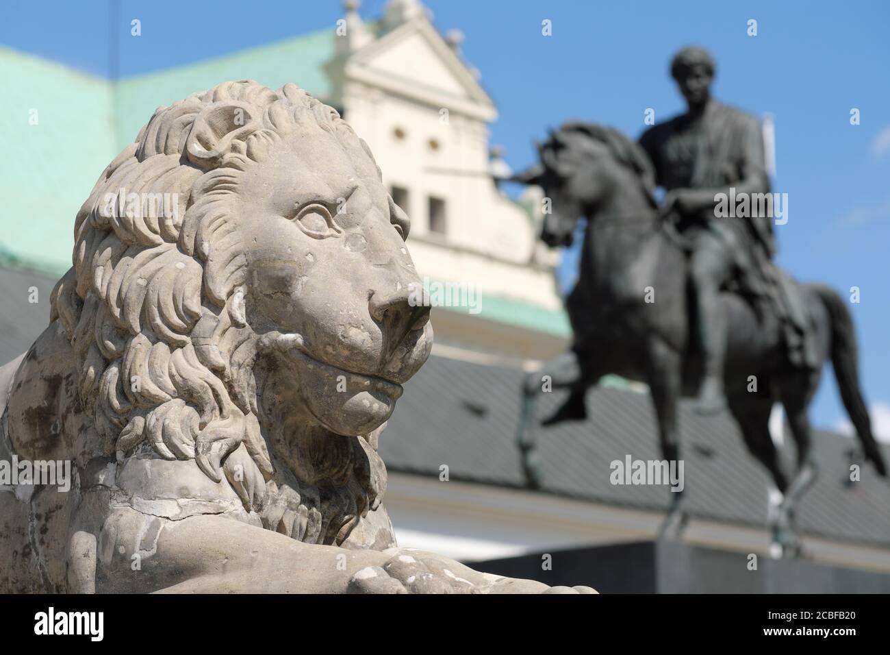 Warsaw Poland The Presidential Palace with lion sculpture and statue of Prince Józef Poniatowski Stock Photo