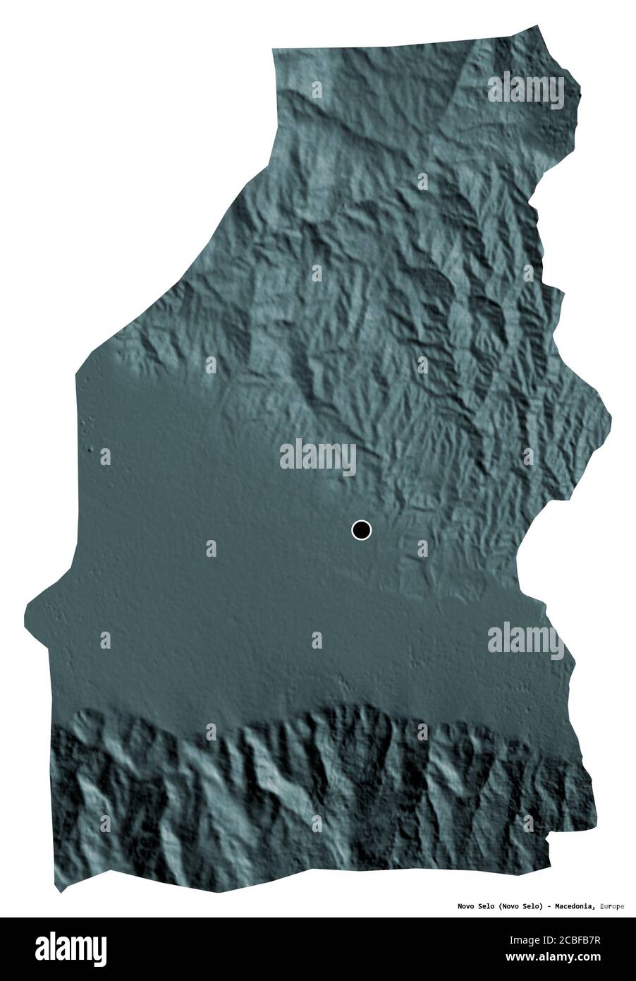 Shape of Novo Selo, municipality of Macedonia, with its capital isolated on white background. Colored elevation map. 3D rendering Stock Photo