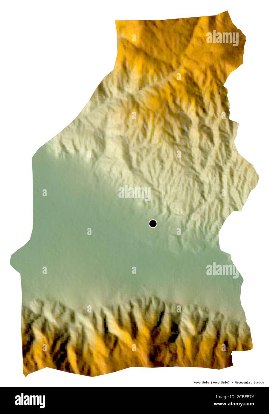 Shape of Novo Selo, municipality of Macedonia, with its capital isolated on white background. Topographic relief map. 3D rendering Stock Photo