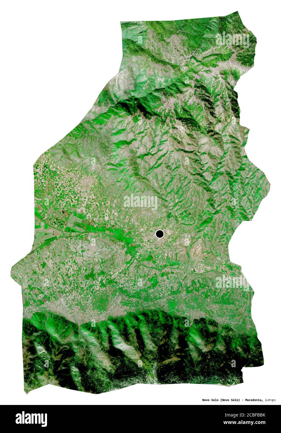 Shape of Novo Selo, municipality of Macedonia, with its capital isolated on white background. Satellite imagery. 3D rendering Stock Photo