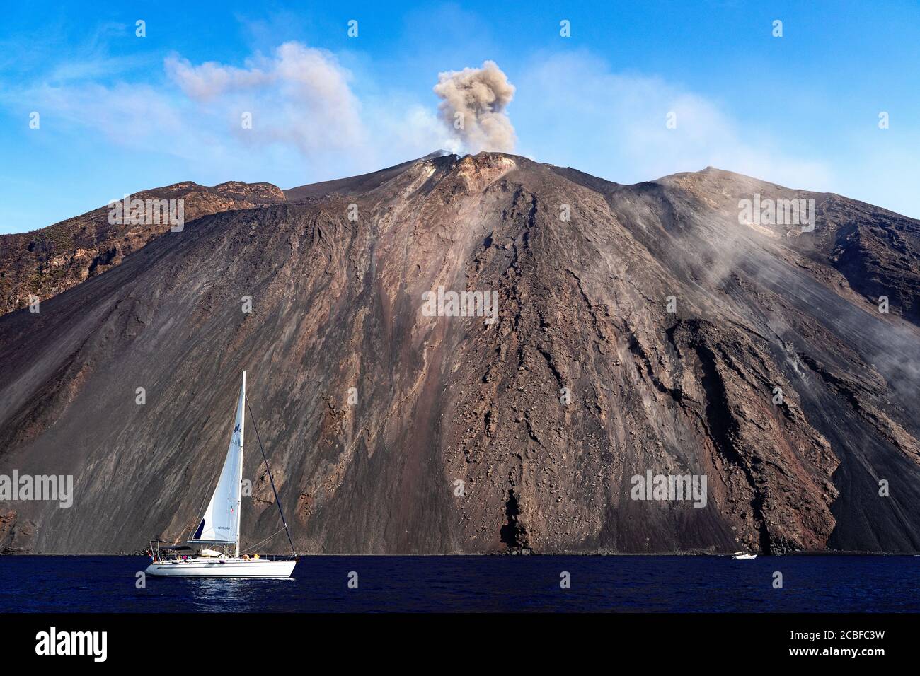 The Stream of Fire (Sciara del Fuoco in Italian) marks the path of the lava flows that occur during Stromboli’s eruptions, Aeolian Islands, Sicily. Stock Photo