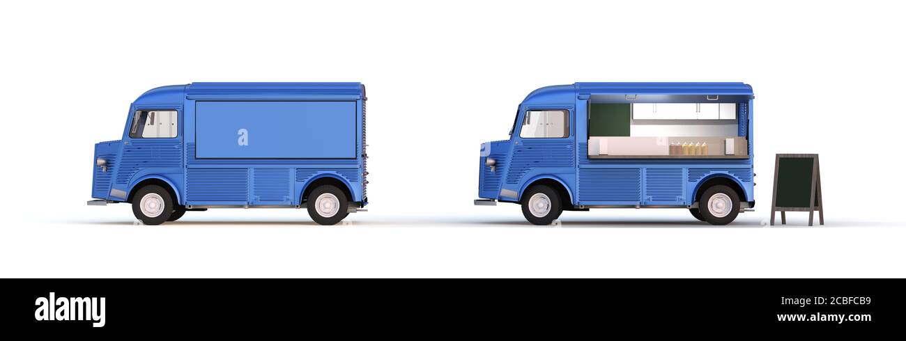 blue food truck on white background 3D rendering Stock Photo