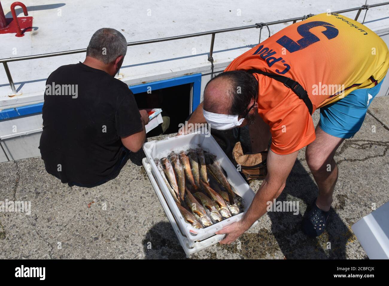 Fishermen are seen working in O Grove port.O Grove is a fishing village which is situated on the mouth of the Arousa estuary, Galicia's region. Its populations lives mainly of shellfish gathering and shallow-water fishing, farming of mussels, oysters and scallops on wooden platforms out in the water. Tourism is another major source of income for the area. Stock Photo