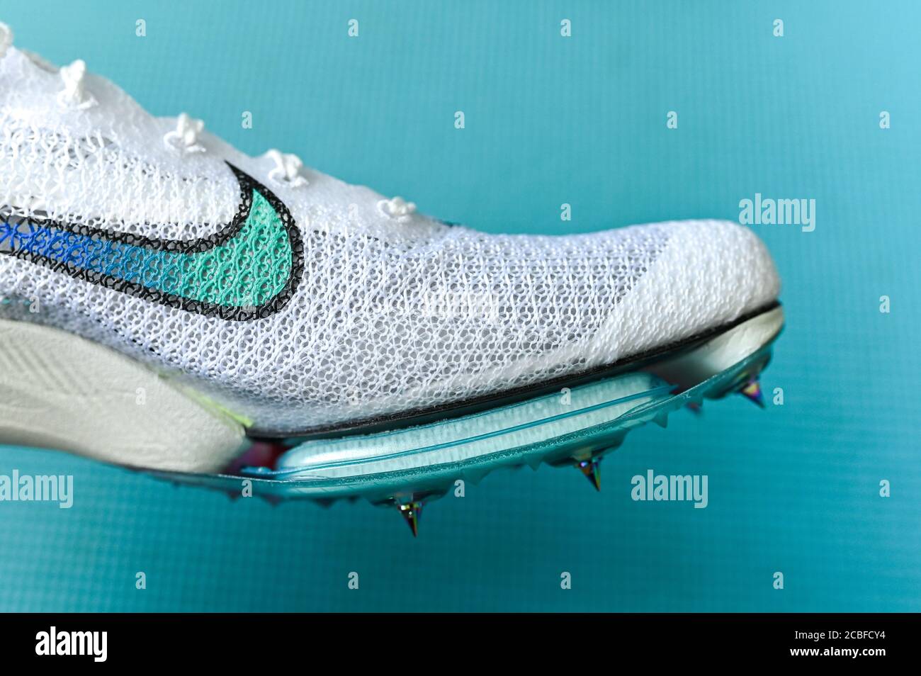 NEW YORK, USA, AUGUST 13, 2020: Nike Air Zoom Victory, distance track spike  for summer olympic game Tokyo 2021. White Color, Nike Atomknit upper. Cont  Stock Photo - Alamy