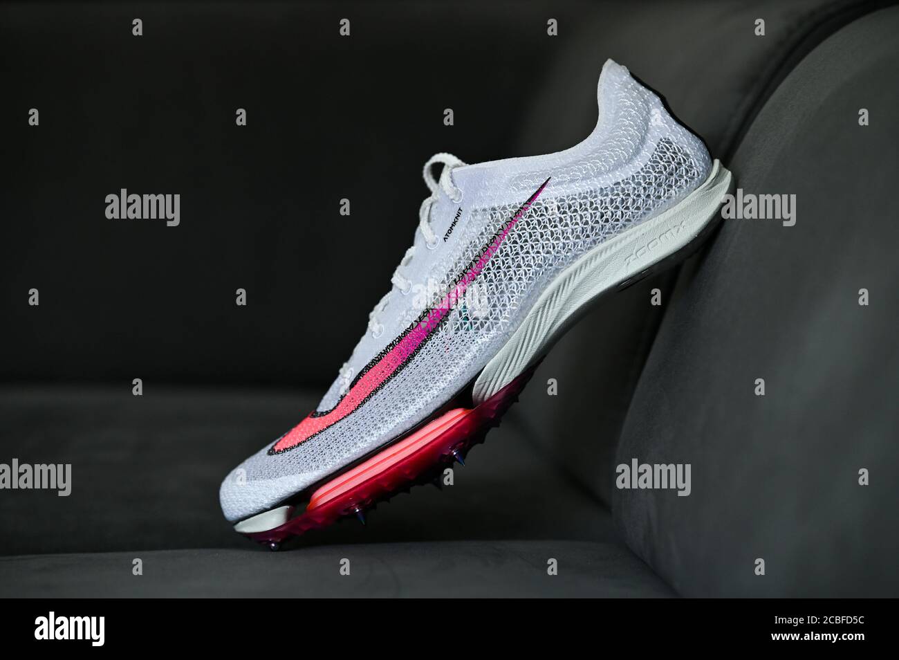 NEW YORK, USA, AUGUST 13, 2020: Nike Air Zoom Victory, distance track spike  for summer olympic game Tokyo 2021. White Color, Nike Atomknit upper. Cont  Stock Photo - Alamy
