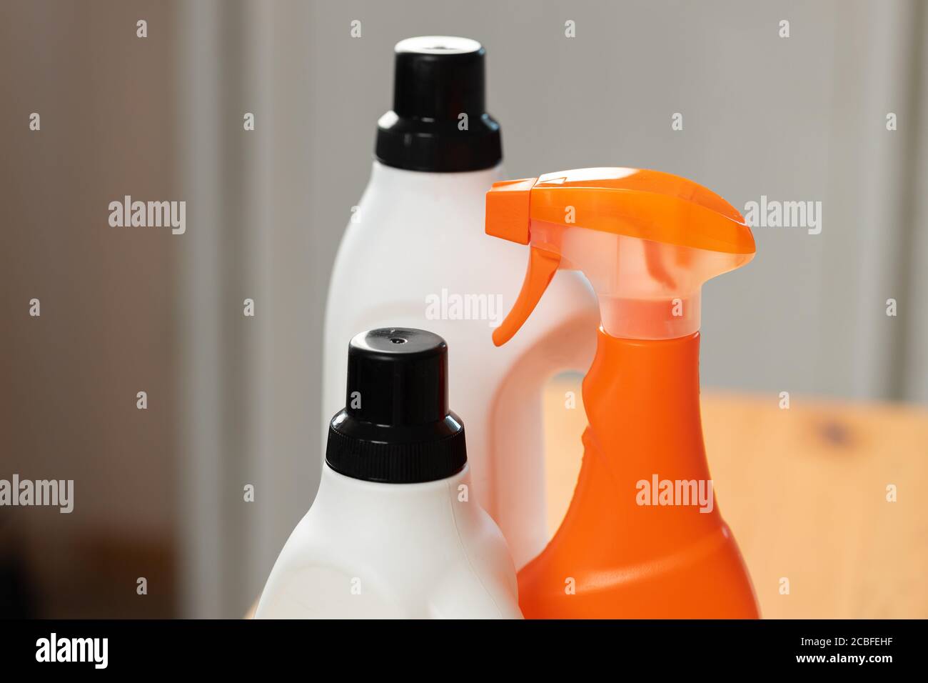 Cleaning detergents and tools on a kitchen counter Stock Photo Alamy
