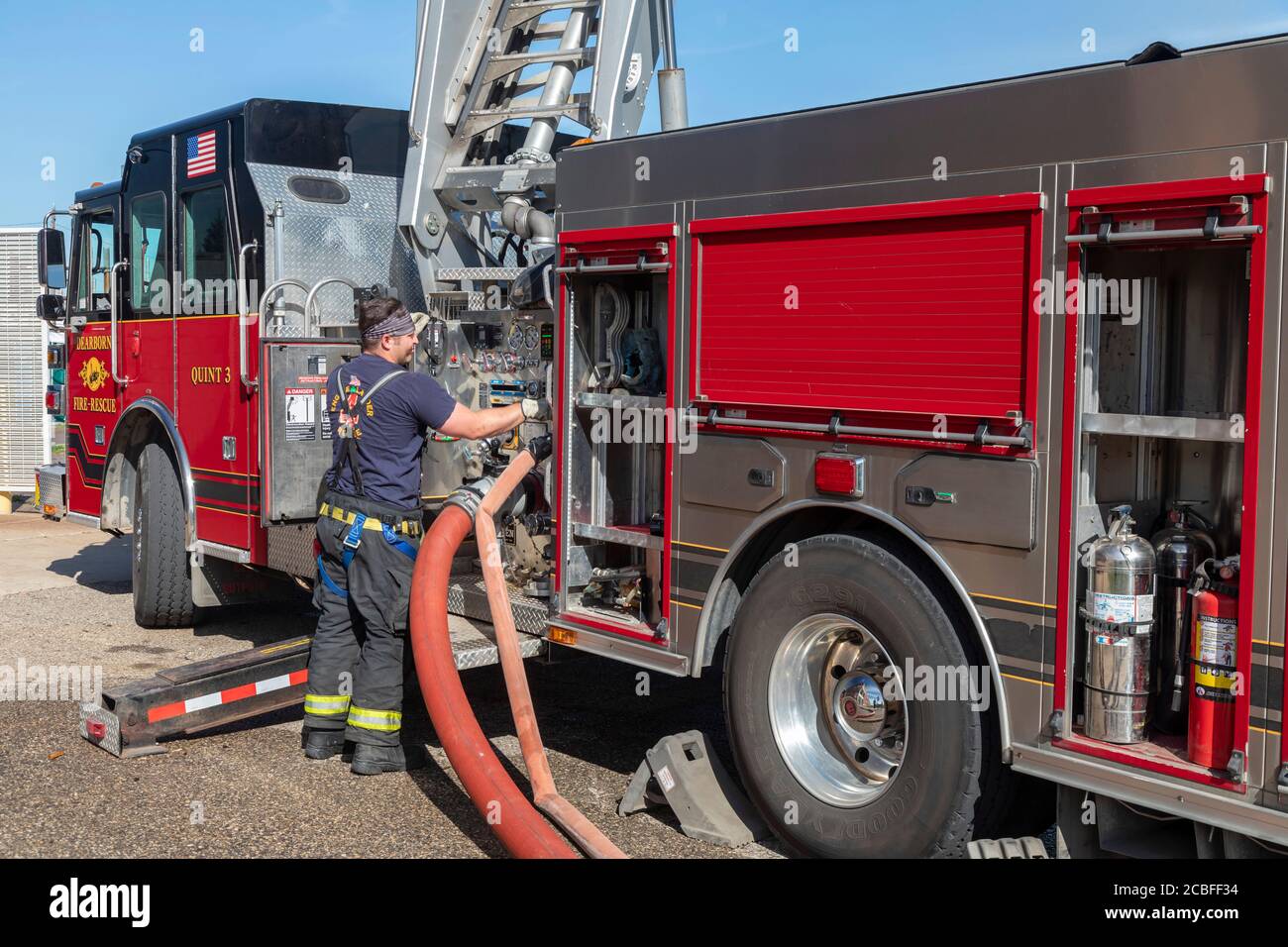 Dearborn, Michigan - Firefighters training with their equipment. Stock Photo