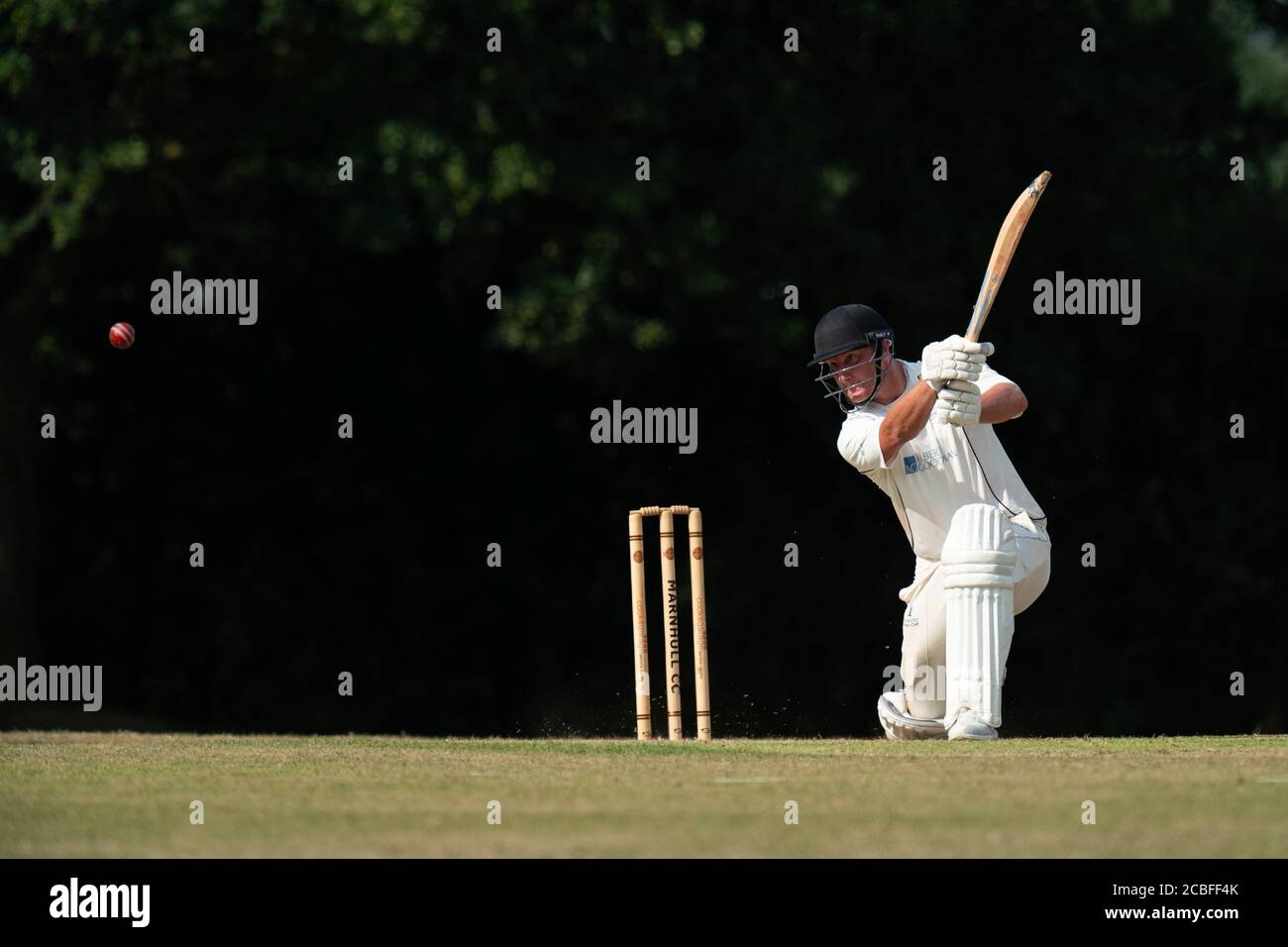 Batsman playing cover drive shot. Stock Photo